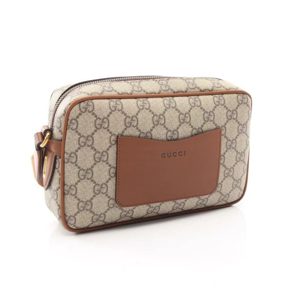 Gucci GG Beige Brown Emblem Shoulder Leather Bag Cream Canvas Brown Cream